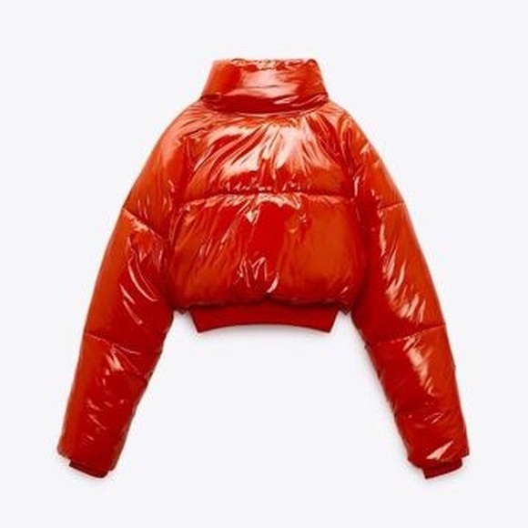XS Zara Cropped Quilted Puffer Jacket Glossy Orange 🔥Hot Item + Blogger Fave🔥 - Picture 3 of 9
